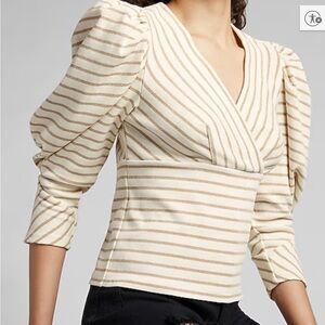 EXPRESS Metallic Striped Puff Sleeve Statement Chic Wrap Top Size XS